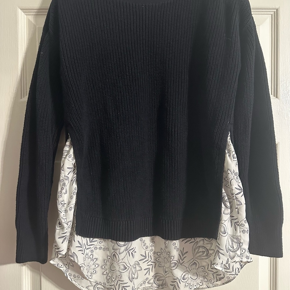 LOFT Black and White Crew Neck Sweater with Ribbed Texture